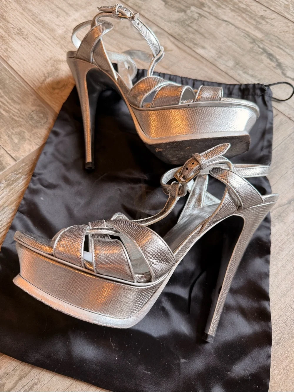 Saint Laurent Metallic Silver T-Strap Woven Heels - Picture 8 of 9
